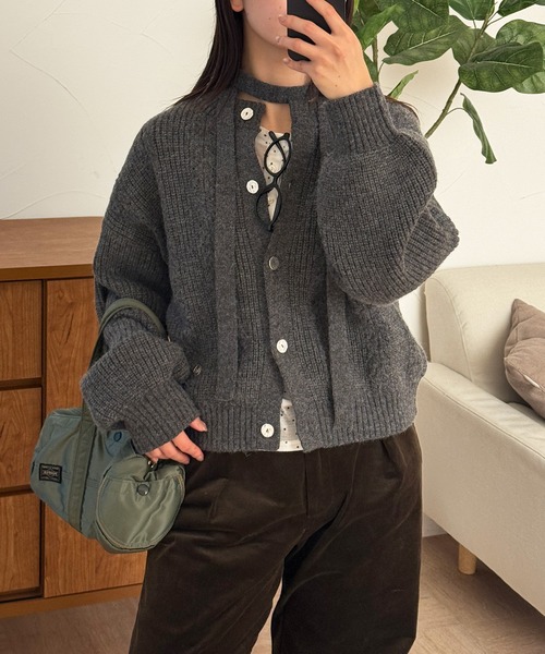 jacquard crew neck cardigan & choker set / 紐付きジャガードクルー