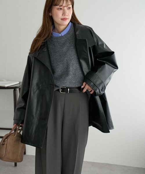 DISCOAT(ディスコート)の「フェイクレザースタンドコート(その他アウター・レディース・ブラック/ダークブラウン・FREE)」の4枚目の写真