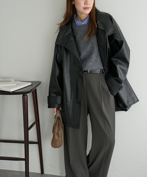 DISCOAT(ディスコート)の「フェイクレザースタンドコート(その他アウター・レディース・ブラック/ダークブラウン・FREE)」の6枚目の写真