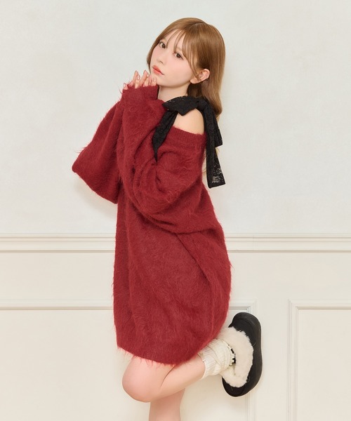 apres jour(アプレジュール)の「【リボンインナー別売り】シャギーニットワンピース(ワンピース・レディース・オフホワイト/チャコールグレー/ベビーピンク/ボルドー・X-LARGE/フリー)」の4枚目の写真