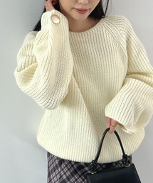 袖ボタンニットトップス