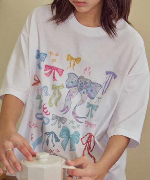 CPGN STUDIO(コンパーニョ)の「DTPファンシーリボン半袖Tシャツホワイト(Tシャツ/カットソー・レディース・その他・MEDIUM/LARGE)」の1枚目の写真