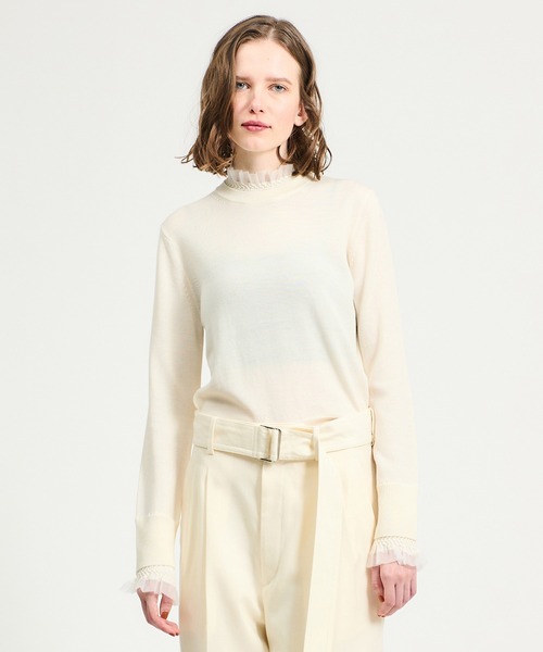 ESTNATION フリルネックニット ホワイト 白 ESTNATION / スモッキングフリルネックニット（ニット/セーター