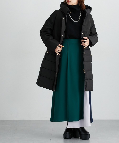 撥水・防風ラミネート加工】裾異素材切替ファイバーダウンコート