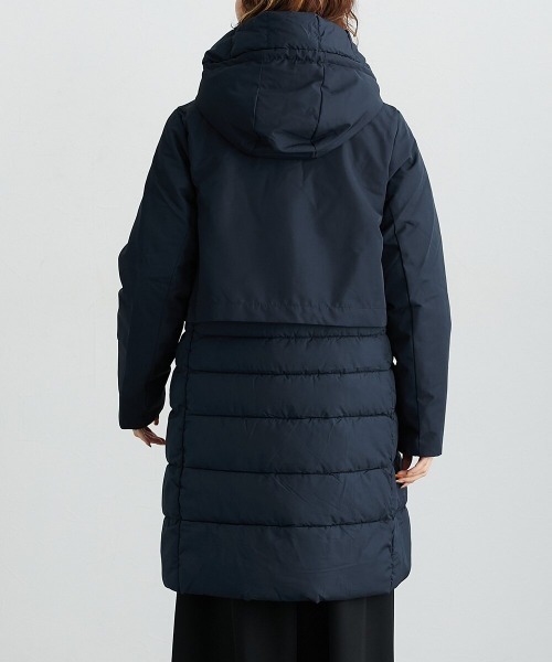 定価9万✨19AW 切り替えダウンコート 異素材 フード付き ネイビー 撥水・防風ラミネート加工】裾異素材切替ファイバーダウンコート
