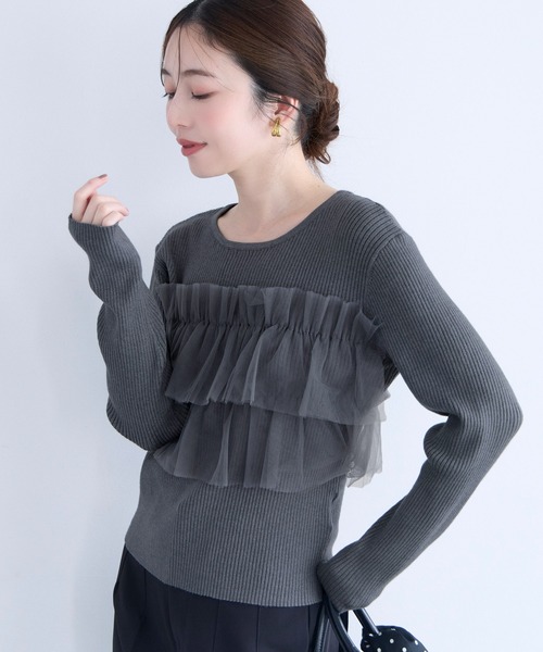 coca(coca)(コカ)の「チュールドッキングリブニット(ニット/セーター・レディース・チャコール/アイボリー・L/M/S)」の2枚目の写真