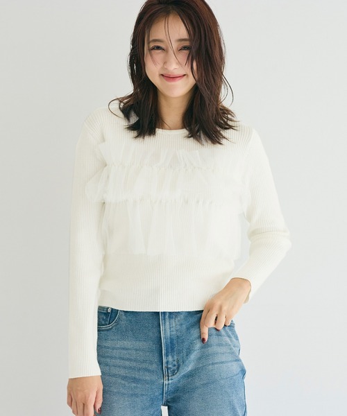 coca(coca)(コカ)の「チュールドッキングリブニット(ニット/セーター・レディース・チャコール/アイボリー・L/M/S)」の1枚目の写真