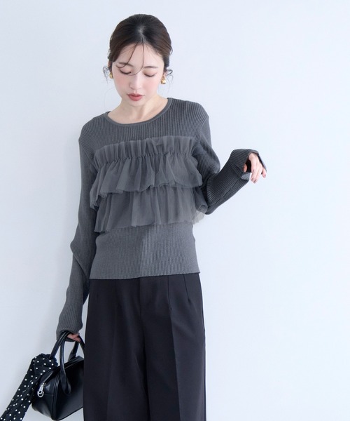 coca(coca)(コカ)の「チュールドッキングリブニット(ニット/セーター・レディース・チャコール/アイボリー・L/M/S)」の10枚目の写真