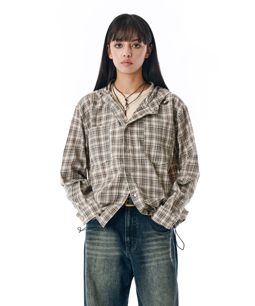 SECONDMONO（セカンドモノローグ）の「Check Snap Hooded Jacket [BEIGE]_SEJK011BEIGE（ナイロンジャケット・レディース・その他・SMALL/MEDIUM/LARGE/X-SMALL）」の3枚目の写真