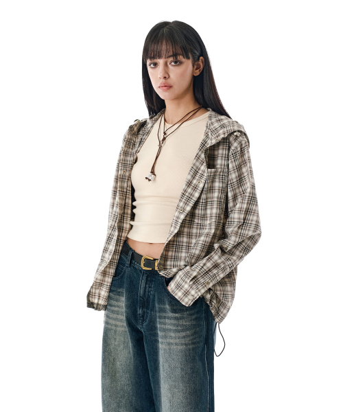 SECONDMONO（セカンドモノローグ）の「Check Snap Hooded Jacket [BEIGE]_SEJK011BEIGE（ナイロンジャケット・レディース・その他・SMALL/MEDIUM/LARGE/X-SMALL）」の4枚目の写真