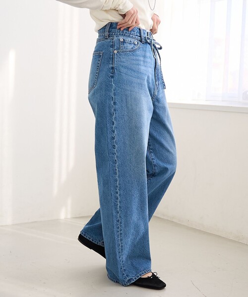 セール】ウエストリボン ワイドストレートデニムパンツ（デニムパンツ