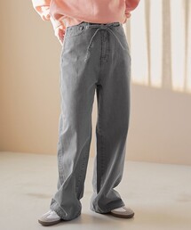 ウエストリボン ワイドストレートデニムパンツ