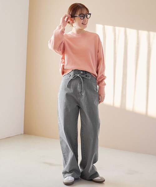 セール】ウエストリボン ワイドストレートデニムパンツ（デニムパンツ