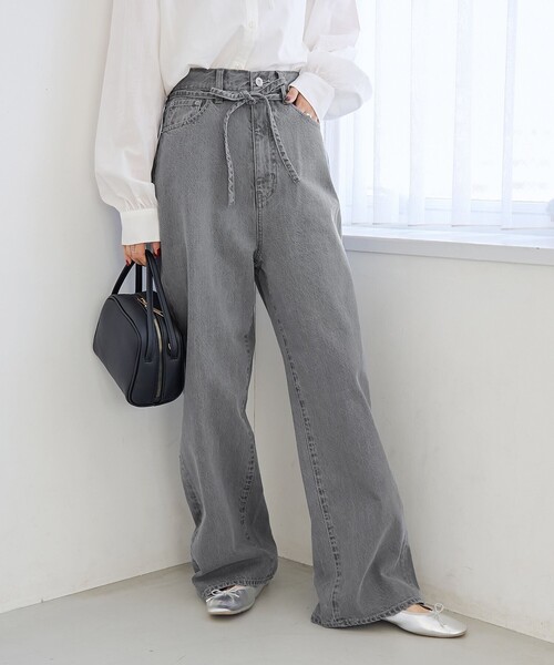 coen(コーエン)の「ウエストリボン ワイドストレートデニムパンツ(デニムパンツ・レディース・コバルトブルー/ライトブルー/ライトグレー・S/M/L)」の4枚目の写真