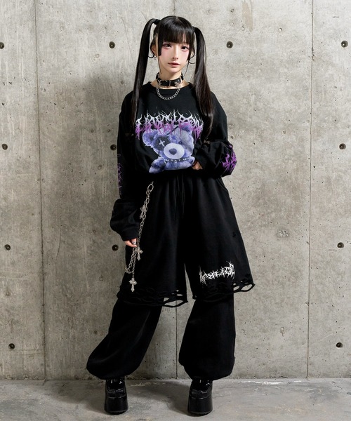 Amilige(アミリージュ)の「ウォレットチェーン付きダメージ裏毛パンツ(スウェットパンツ・レディース・ブラック/ホワイト・FREE)」の6枚目の写真