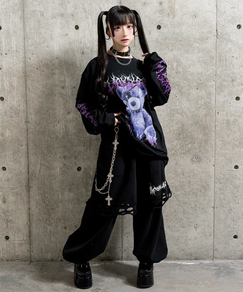 Amilige(アミリージュ)の「ウォレットチェーン付きダメージ裏毛パンツ(スウェットパンツ・レディース・ブラック/ホワイト・FREE)」の7枚目の写真