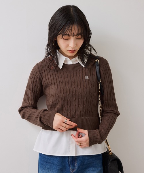 VIS（ビス）の「ハイゲージケーブシャツドッキングプルオーバー（ニット/セーター・レディース・ダークブラウン/ピンク/キナリ/チャコールグレー・FREE）」の12枚目の写真