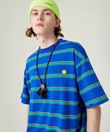 GOSTREET（ゴーストリート）の「ストライプスマイルワッペンT-ブルー（Tシャツ/カットソー）」