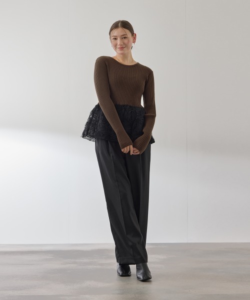 QUEENS COURT（クイーンズコート）の「フラワーチュールペプラムリブニット≪手洗い可能≫（ニット/セーター・レディース・オフホワイト/ブラック/ブラウン・M）」の8枚目の写真