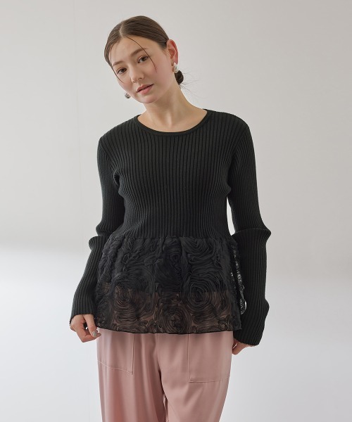 QUEENS COURT（クイーンズコート）の「フラワーチュールペプラムリブニット≪手洗い可能≫（ニット/セーター・レディース・オフホワイト/ブラック/ブラウン・M）」の13枚目の写真