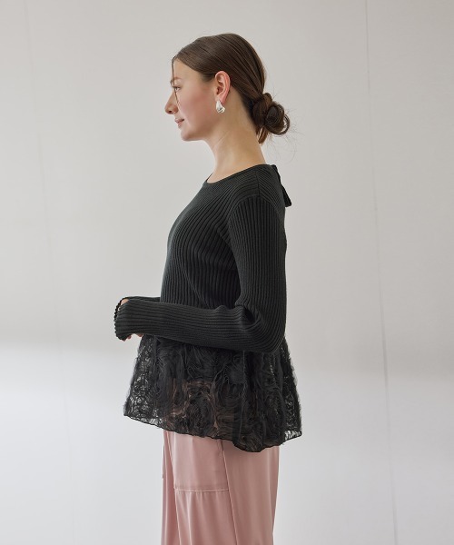 QUEENS COURT（クイーンズコート）の「フラワーチュールペプラムリブニット≪手洗い可能≫（ニット/セーター・レディース・オフホワイト/ブラック/ブラウン・M）」の10枚目の写真