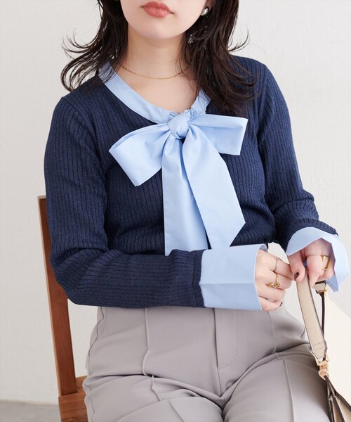 natural couture(ナチュラルクチュール)の「リボンタイラメニット(ニット/セーター・レディース・ネイビー/グレイッシュベージュ/アイボリー/グレー・FREE)」の4枚目の写真
