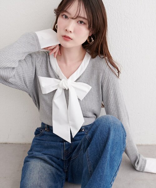 natural couture(ナチュラルクチュール)の「リボンタイラメニット(ニット/セーター・レディース・ネイビー/グレイッシュベージュ/アイボリー/グレー・FREE)」の3枚目の写真