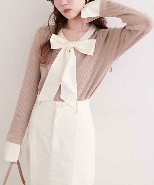 natural couture(ナチュラルクチュール)の「リボンタイラメニット(ニット/セーター・レディース・ネイビー/グレイッシュベージュ/アイボリー/グレー・FREE)」の1枚目の写真