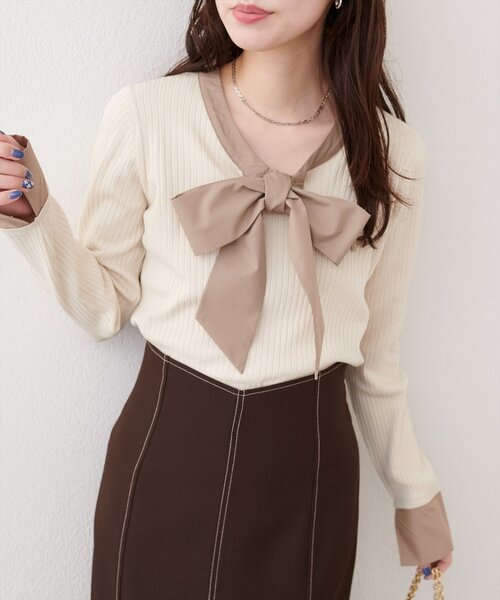 natural couture(ナチュラルクチュール)の「リボンタイラメニット(ニット/セーター・レディース・ネイビー/グレイッシュベージュ/アイボリー/グレー・FREE)」の5枚目の写真