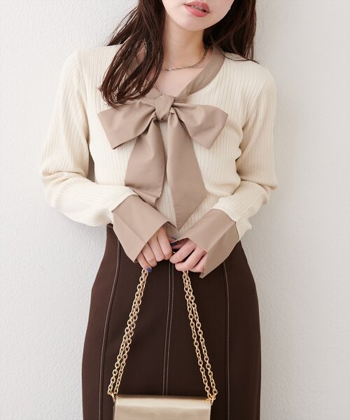 natural couture(ナチュラルクチュール)の「リボンタイラメニット(ニット/セーター・レディース・ネイビー/グレイッシュベージュ/アイボリー/グレー・FREE)」の6枚目の写真