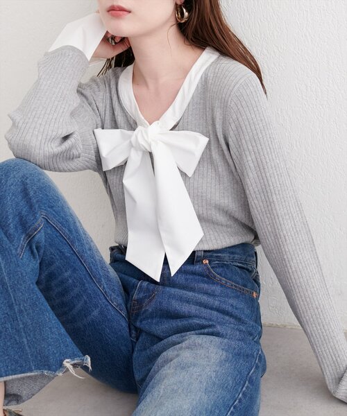natural couture(ナチュラルクチュール)の「リボンタイラメニット(ニット/セーター・レディース・ネイビー/グレイッシュベージュ/アイボリー/グレー・FREE)」の11枚目の写真