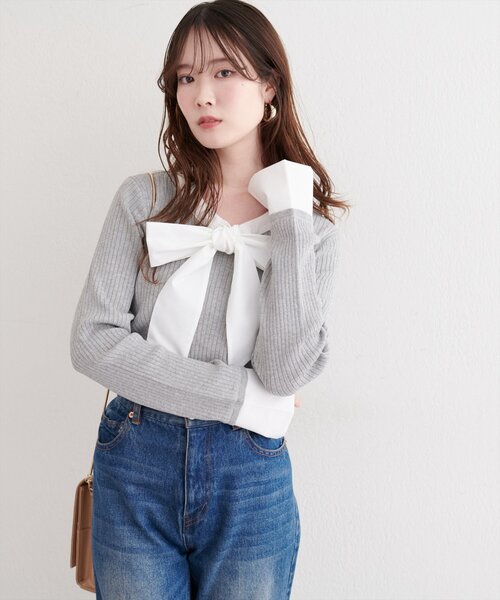 natural couture(ナチュラルクチュール)の「リボンタイラメニット(ニット/セーター・レディース・ネイビー/グレイッシュベージュ/アイボリー/グレー・FREE)」の12枚目の写真