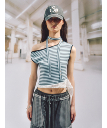 SOMSOC（ソムソック）の「SALLY STRIPE SCARF TOP_SKY BLUE（Tシャツ/カットソー）」