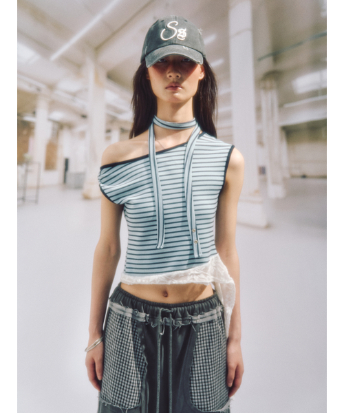 SOMSOC(ソムソック)の「SALLY STRIPE SCARF TOP_SKY BLUE(Tシャツ/カットソー・レディース・その他・FREE)」の1枚目の写真