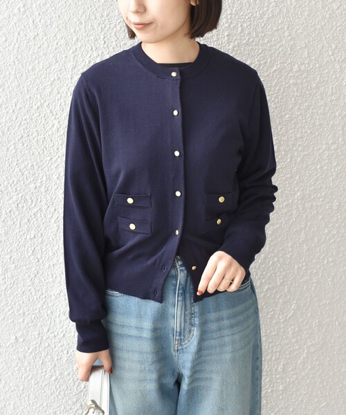 ❣️MUSEDeuxiemeClasseクルーネックカーディガン金ボタンネイビー SHIPS Colors:〈接触冷感・手洗い可能〉14ゲージ クルーネック
