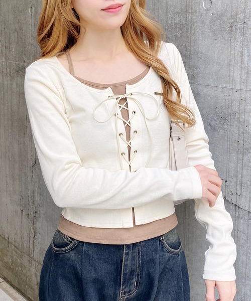 INGNI（イング）の「キャミレイヤード風リブレースアップトップス（Tシャツ/カットソー・レディース・ホワイト系2/ブラウン系3/グレー系その他3/ブラック×グレー・M）」の6枚目の写真