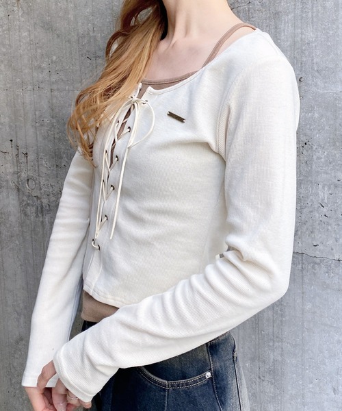 INGNI（イング）の「キャミレイヤード風リブレースアップトップス（Tシャツ/カットソー・レディース・ホワイト系2/ブラウン系3/グレー系その他3/ブラック×グレー・M）」の8枚目の写真