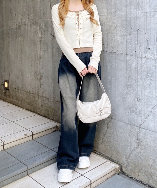 INGNI（イング）の「キャミレイヤード風リブレースアップトップス（Tシャツ/カットソー・レディース・ホワイト系2/ブラウン系3/グレー系その他3/ブラック×グレー・M）」の10枚目の写真