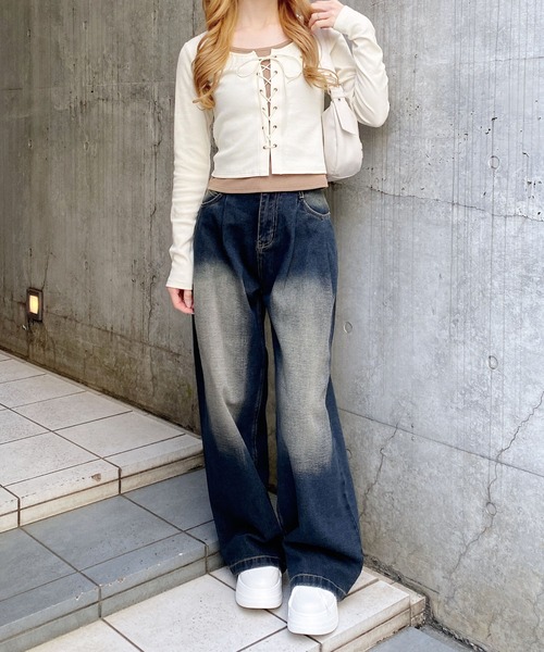 INGNI（イング）の「キャミレイヤード風リブレースアップトップス（Tシャツ/カットソー・レディース・ホワイト系2/ブラウン系3/グレー系その他3/ブラック×グレー・M）」の11枚目の写真