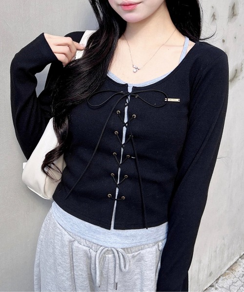 INGNI（イング）の「キャミレイヤード風リブレースアップトップス（Tシャツ/カットソー・レディース・ホワイト系2/ブラウン系3/グレー系その他3/ブラック×グレー・M）」の12枚目の写真