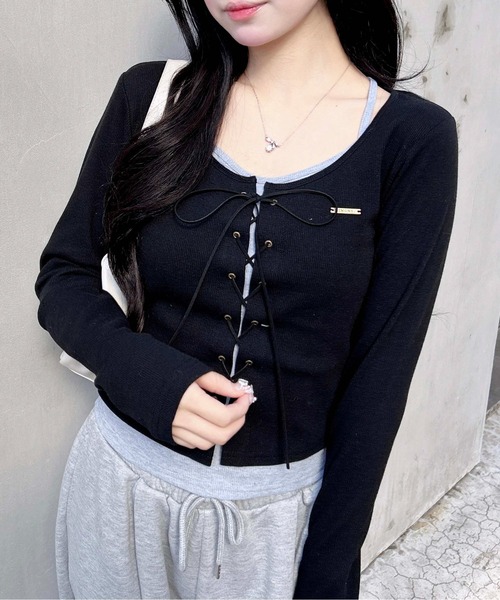 INGNI（イング）の「キャミレイヤード風リブレースアップトップス（Tシャツ/カットソー・レディース・ホワイト系2/ブラウン系3/グレー系その他3/ブラック×グレー・M）」の13枚目の写真