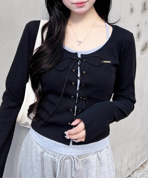 INGNI（イング）の「キャミレイヤード風リブレースアップトップス（Tシャツ/カットソー・レディース・ホワイト系2/ブラウン系3/グレー系その他3/ブラック×グレー・M）」の14枚目の写真