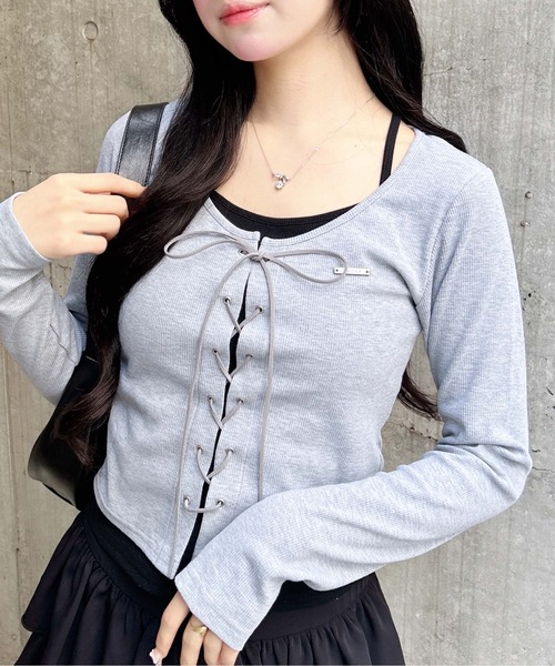 INGNI（イング）の「キャミレイヤード風リブレースアップトップス（Tシャツ/カットソー・レディース・ホワイト系2/ブラウン系3/グレー系その他3/ブラック×グレー・M）」の19枚目の写真