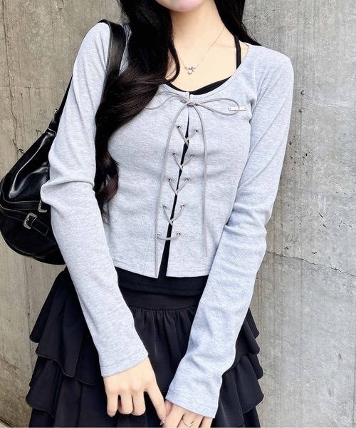 INGNI（イング）の「キャミレイヤード風リブレースアップトップス（Tシャツ/カットソー・レディース・ホワイト系2/ブラウン系3/グレー系その他3/ブラック×グレー・M）」の20枚目の写真