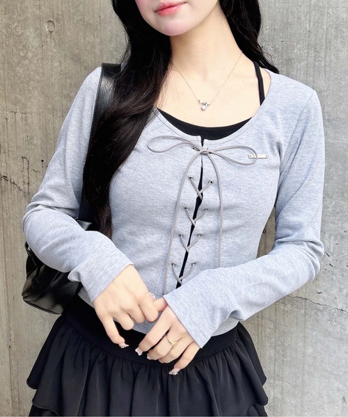 INGNI（イング）の「キャミレイヤード風リブレースアップトップス（Tシャツ/カットソー・レディース・ホワイト系2/ブラウン系3/グレー系その他3/ブラック×グレー・M）」の21枚目の写真