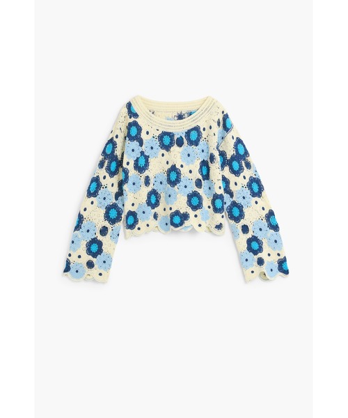 Desigual（デシグアル）の「フローラルクロシェ編みクロップドロングスリーブニット（ニット/セーター・レディース・ブルー・S/M/L）」の2枚目の写真