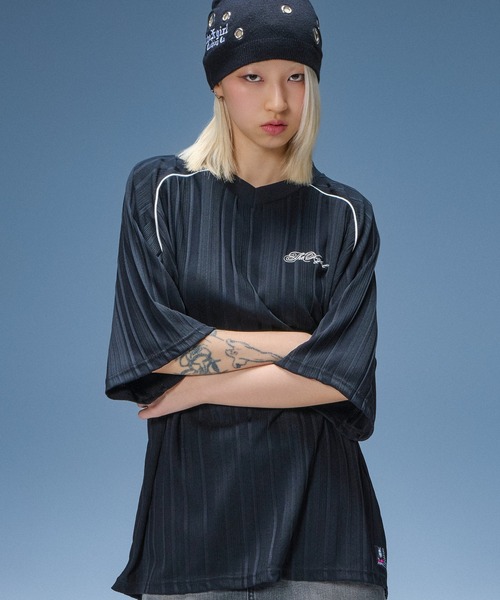X-girl(エックスガール)の「SCRIPT LOGO BIG TEE(Tシャツ/カットソー・レディース・グレー/ブラック・S/M)」の1枚目の写真