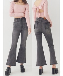 【XSサイズあり】バックリボンハイウエストフレアデニムパンツ 春服