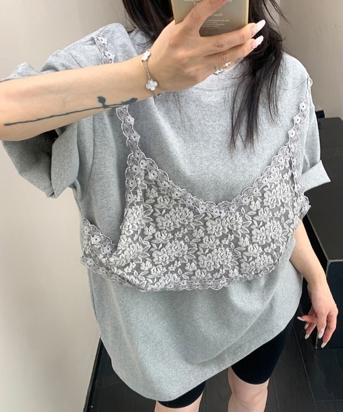 Dalfwin(ダールフィン)の「韓国ファッション レースビスチェデザイン半袖Tシャツ(Tシャツ/カットソー・レディース・ホワイト/ブラック/グレー・FREE)」の3枚目の写真