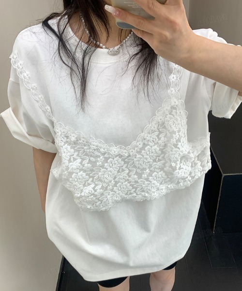 韓国ファッション レースビスチェデザイン半袖Tシャツ（Tシャツ